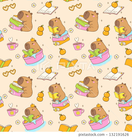 Cute Groovy Bookish Capybara Reading Book Seamless Pattern, Retro Cozy vibe Reading Wallpaper Cartoon Hand Drawn Printable 132191626