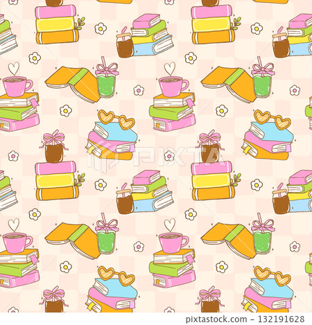 Cute Groovy Pastel Bookish Book Reading Seamless Pattern, Retro Cozy vibe Reading Wallpaper Cartoon Hand Drawn Printable 132191628