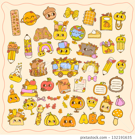 Cute Groovy Retro Autumn School Supplies Elements Collection Back to School Fall Icon Cartoon Hand Drawn Set 132191635