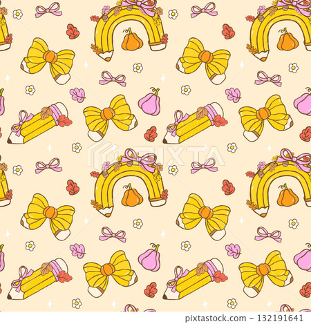 Groovy Retro Autumn School Pencil Rainbow Seamless Pattern Back to School Fall Wallpaper on checkered Background 132191641