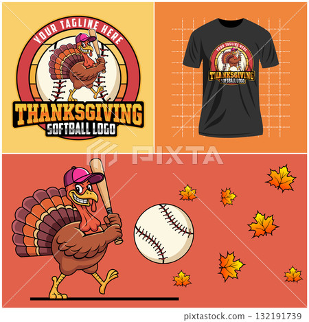 Cartoon turkey mascot playing softball logo. Perfect for sports-themed or Thanksgiving. Cartoon turkey baseball logo template. Happy Thanksgiving Holiday Cartoon turkey mascot playing softball logo. Perfect for sports-themed or Thanksgiving. Cartoon turkey baseball logo template. Happy Thanksgiving Holiday 132191739