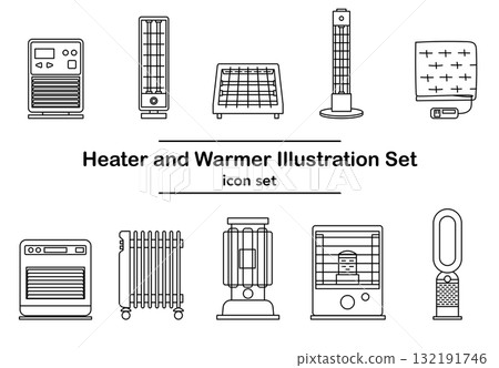 圖庫插圖: 暖氣設備線描圖示集 132191746