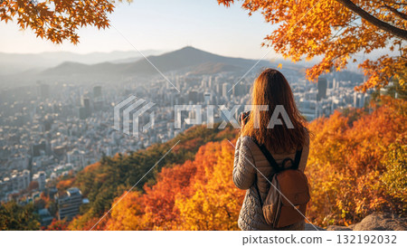 Breathtaking Autumn View of Seoul Cityscape from Namsan Mountain with Vibrant Fall Foliage Breathtaking Autumn View of Seoul Cityscape from Namsan Mountain with Vibrant Fall Foliage 132192032