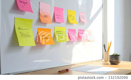 Sticky notes on a whiteboard Sticky notes on a whiteboard 132192098