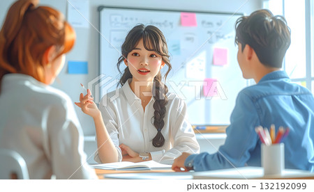 A scene of people having a meeting in an office 132192099