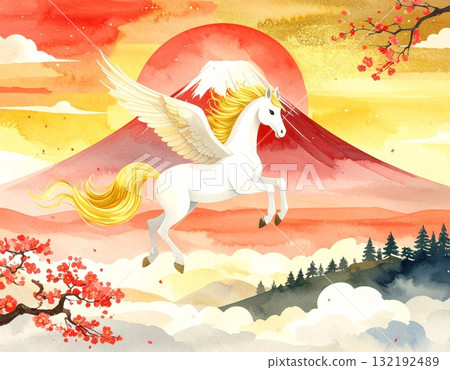 富士山和飛馬日式新年賀卡插圖7/傳單和海報材料 132192489
