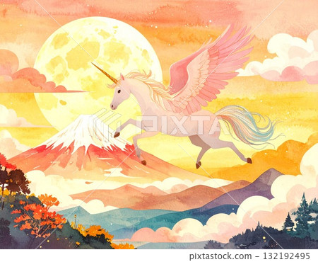 富士山和飛馬日式新年賀卡插圖1/傳單和海報材料 132192495