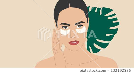 Young woman apples cosmetic eye patches. Skin care routine, self care concept. 132192586