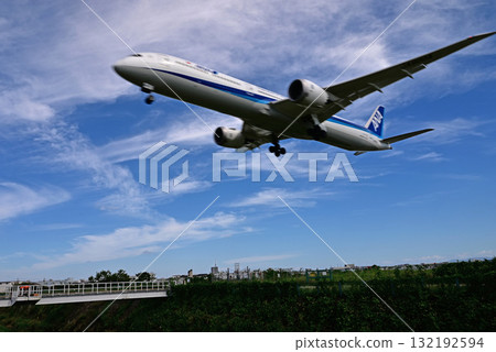 A passenger plane flies away over Senrikawa in Toyonaka City A passenger plane flies away over Senrikawa in Toyonaka City 132192594