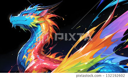 An iconic, colorful, and dark blue dragon illustration 132192602