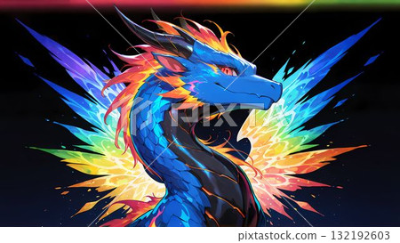 An iconic, colorful, and dark blue dragon illustration 132192603