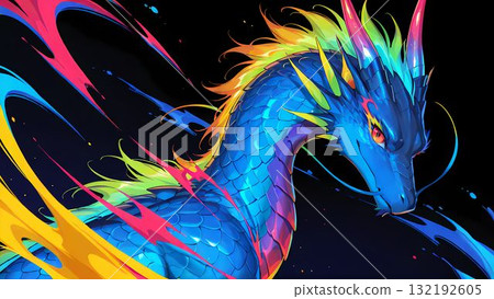 An iconic, colorful, and dark blue dragon illustration 132192605