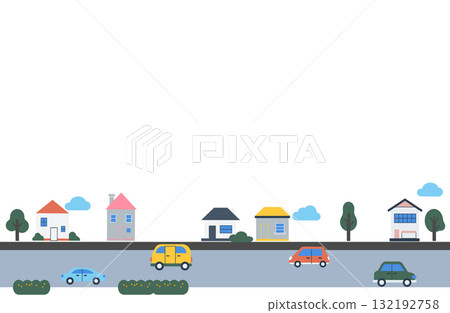 可愛的房子和汽車城市景觀框架 可愛的房子和汽車城市景觀框架 132192758