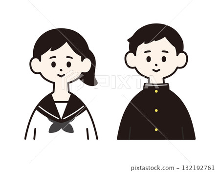 Junior high school boys and girls in uniforms, school uniform and sailor suit, front upper body, simple and flat illustration Junior high school boys and girls in uniforms, school uniform and sailor suit, front upper body, simple and flat illustration 132192761