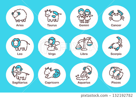 手繪插圖：12 個星座（附文字） 132192782