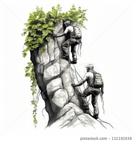an AI Image Generator, Adventurers Climbing a Rocky Cliff with Vines and Ropes an AI Image Generator, Adventurers Climbing a Rocky Cliff with Vines and Ropes 132192838
