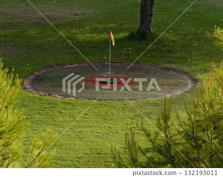 A tranquil golf course featuring a beautifully maintained green with a flag marking the hole A tranquil golf course featuring a beautifully maintained green with a flag marking the hole 132193011