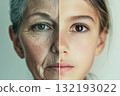A portrait split a woman showing old and youth age. Generative AI. 132193022