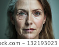 A portrait split a woman showing old and youth age. Generative AI. 132193023