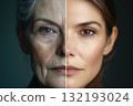 A portrait split a woman showing old and youth age. Generative AI. 132193024