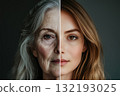 A portrait split a woman showing old and youth age. Generative AI. 132193025