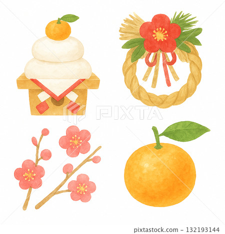 一組四幅水彩插圖，為新年增添光彩（鏡餅、飾帶、梅子和柑橘） 132193144