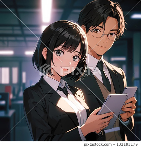 Illustration of Japanese business men and women consulting (office) 132193179