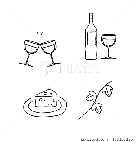 簡單的線條畫葡萄酒和起司插圖 132193250