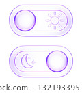 3D glassmorphism toggle switch icon showing day and night modes. Glossy minimal purple gradient design symbolizing dark mode, brightness, or system preference setting 132193395