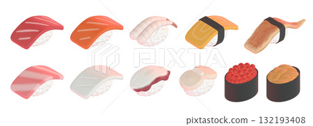 3DCG illustrations of various sushi. A variety set of cute deformed Japanese food 3DCG illustrations of various sushi. A variety set of cute deformed Japanese food 132193408