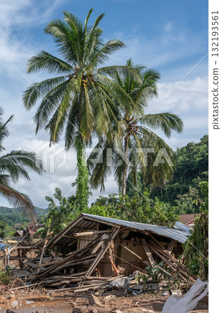 Local houses in Chiang Rai province destroyed by flooding after typhoon Yagi has swept Southeast Asia. 132193561