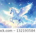 夜空中飛翔的幻想飛馬 | 被星空和雲朵包圍的神秘幻想插畫2 / 傳單和海報素材 132193584
