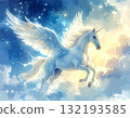 夜空中飛翔的夢幻天馬｜星空與雲朵環繞的神秘奇幻插畫1／傳單、海報素材 132193585