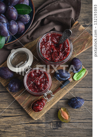 Plum jam in glass jars top view Plum jam in glass jars top view 132193893