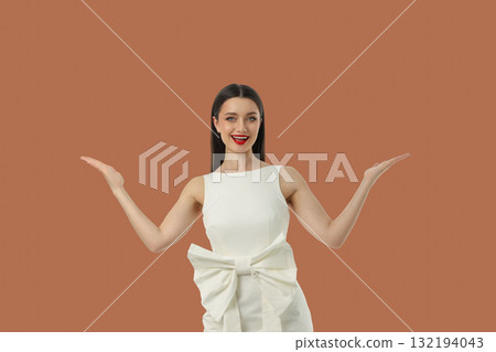 Woman in a white dress showcasing excitement for shopping deals Woman in a white dress showcasing excitement for shopping deals 132194043