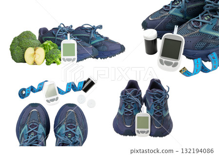Sneakers, veggies, and a glucose meter on white, isolated, PNG Sneakers, veggies, and a glucose meter on white, isolated, PNG 132194086