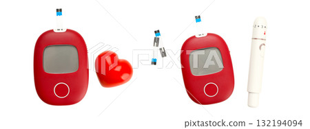 Blood glucose monitor with heart and testing supplies, isolated, PNG Blood glucose monitor with heart and testing supplies, isolated, PNG 132194094