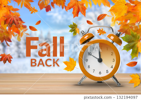 Orange clock with autumn leaves in a bright scene Orange clock with autumn leaves in a bright scene 132194097