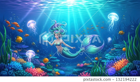 Illustration of a mermaid, tropical fish and glowing jellyfish swimming in a magical underwater garden 132194222