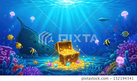 Beautiful underwater coral and treasure chest glowing fantasy illustration Beautiful underwater coral and treasure chest glowing fantasy illustration 132194341