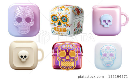 Colorful skulls for Day of the Dead festivities, created with AI, PNG 132194371