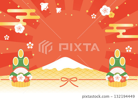 富士山、日出和門鬆的新年背景插圖 132194449