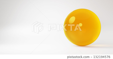 白色背景中的黃色玻璃狀球體。複製空間。 3D(橫向) 白色背景中的黃色玻璃狀球體。複製空間。 3D(橫向) 132194576