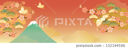 新年日本圖案背景富士山、梅樹、松樹和鶴 132194598