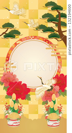 New Year Japanese pattern background gold folding screen, kadomatsu and crane 132194600