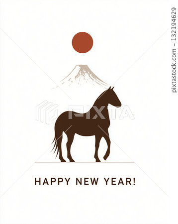 Simple New Year's card material with a horse silhouette, Mt. Fuji, and the sun 132194629