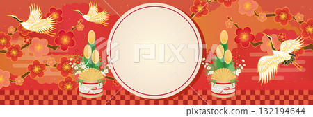 新年首次銷售日本圖案模板鶴和門松 132194644