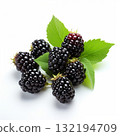 Fresh Blackberries with Green Leaves on White Background, Healthy Eating Concept, Still Life 132194709