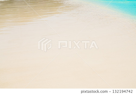 Sand Background Beige Beach Sea with Wave Water Smooth Texture Surface Shore Island at Coast, Calm Nature Yellow Summer Tropical Card Travel Tourism Holidays Mockup Beauty Cosmetic, Coastline Backdrop 132194742
