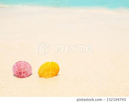 Sand Background Beige Beach Sea shell Sea Top View with Wave Water Smooth Texture Surface Shore Island at Coast, Calm Nature Yellow Summer Tropical Card Travel Tourism Holidays Mockup Beauty Cosmetic. 132194743
